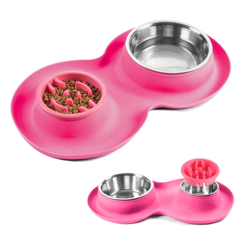 Yacee 100% Waterproof BPA Free Pet Dog Bowls2 Stainless Steelï¼ˆ53oz+27ozï¼‰ with 1.35â€œ Raised Edge Silicone Mat + Slow Feed Dog Water and Food Bowls for Feeding Large Dogs Cats Puppies (Pink) - Image 1